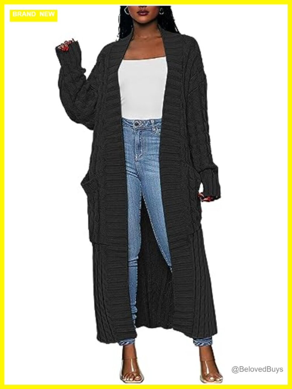 Open Front Cable Knit Long Cardigan Sweater Coat with Pockets